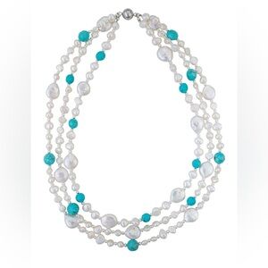 **NEW** Doghouse Pearls Three Strand Pearl and Turquoise
Necklace